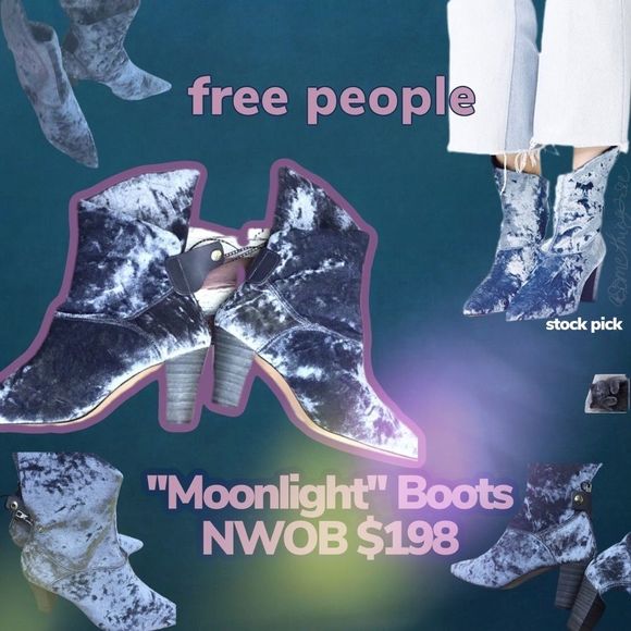 NWT $198 Free People  | Moonlit | Crushed Velvet Boots in Blue - Picture 1 of 12